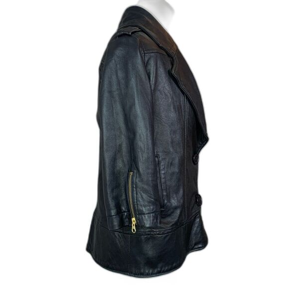 Mike & Chris Black Leather Jacket 3/4 Sleeve Wide Lapel Cropped Moto Size S - Picture 10 of 15